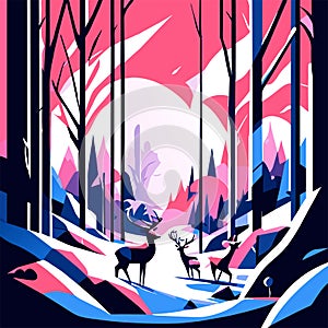 Vector illustration of a winter forest with snow covered trees and sleighs generative AI