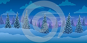 Vector illustration of winter landscape. Fir trees forest on hills