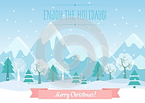 Vector Illustration of Winter Mountains landscape with pine forest and Merry Christmas text. Greeting Christmas card.