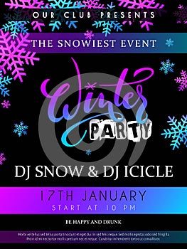 Vector illustration of winter party poster with hand lettering label - winter - with snowflakes