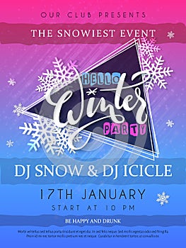 Vector illustration of winter party poster with hand lettering label - winter - with snowflakes