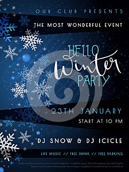 Vector illustration of winter party poster with hand lettering label - winter - with snowflakes