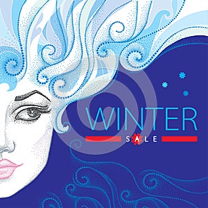 Vector illustration with winter sale in blue and red, swirls, snowflakes and half dotted girl face on blue background.