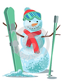 Vector illustration winter sport. Snowman with ski isolated on white background.