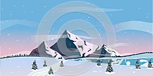 Vector illustration. Winter sunset landscape in the mountains, it is snowing before the new year