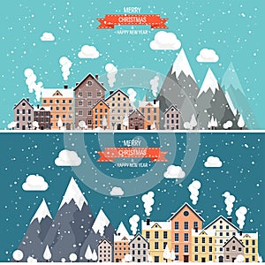 Vector illustration. Winter urban landscape. City with snow. Christmas and new year. Cityscape. Buildings.Mountaines and