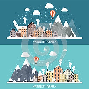 Vector illustration. Winter urban landscape. City with snow. Christmas and new year. Cityscape. Buildings.Mountaines and