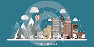 Vector illustration. Winter urban landscape. City with snow. Christmas and new year. Cityscape. Buildings.Mountaines and