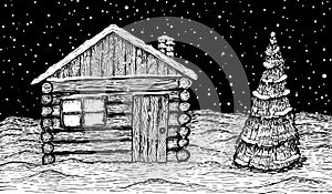 Vector illustration of winter. Wooden house in snow next to the Christmas tree