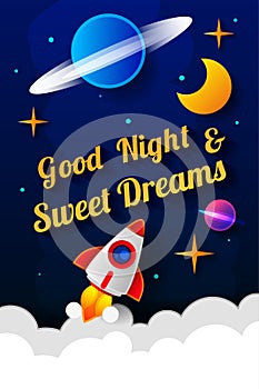 Vector illustration of wish good night on dark blue sky background with moon. Art design for web, site, advertising