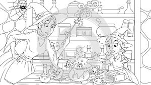 Vector illustration, Witches Mom and daughter are engaged in cheerful witchcraft, in their home