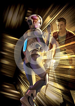 Vector illustration of the woman astronaut goes for a mission in the universe got trapped in the time dimensions and try to