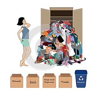 Vector Illustration with a a Woman and a Big Messy Pile of Useless, Old, Cheap, and Oumoded Cothes. Nothing to Wear, and