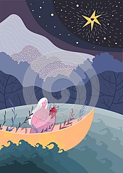 Vector illustration of a woman in a boat that sails at the call of the heart