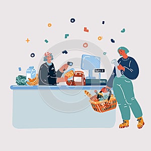Vector illustration of woman bying groceries. Cashier in supermarket