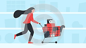 Vector illustration of a woman carrying full shopping cart with goods in a supermarket. It represents a concept of food shopping,