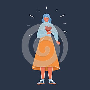 Vector illustration of woman clutching his chest. She having heart or panic attack. Woman character on dark backgound.