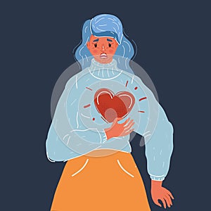 Vector illustration of woman clutching his chest. She having heart or panic attack. Woman character on dark backgound