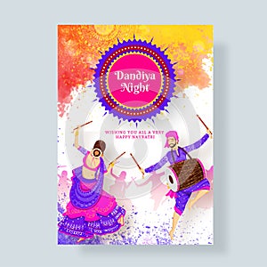 Vector illustration of woman dancing with dandiya stick and drummer man Dholak for Dandiya Night invitation card. photo