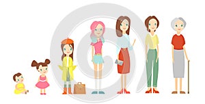 Vector illustration of a woman in different ages. Cute baby girl, a child, a pupil, a teenager, an adult, an elderly