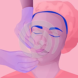 Vector illustration of a woman doing cosmetic procedures. Facial injections and plastic surgery. Facial massage in trendy gradient