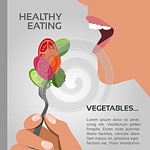 Vector illustration of a woman eating raw vegetables