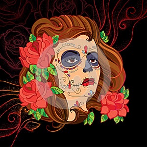 Vector illustration of woman face with Sugar skull or Calavera Catrina makeup on the black background with dotted red swirls.