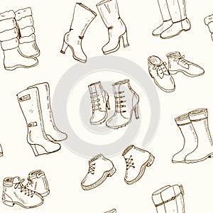 Vector illustration of woman fall and winter shoes, boots set. seamless pattern