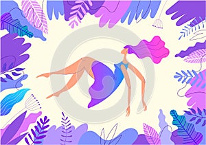 Vector illustration. Woman flying, laying down, dreaming with leaves, florals, wavy elements around. Web page design