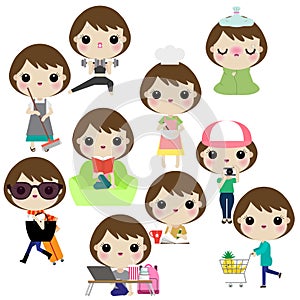 Vector illustration of woman or girl in different lifestyle activities