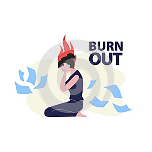 Vector illustration of woman or girl in stress with flying scattered papers and fire above her head