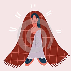 Vector illustration of woman got a fever shivering under blanket