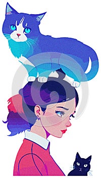 Vector illustration, woman with her cat on her head