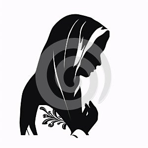 Black silhouette, tattoo of a woman with her head covered with a scarf on white background. Vector