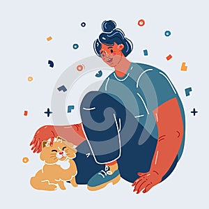 Vector illustration of Woman with her lovely fluffy cat.