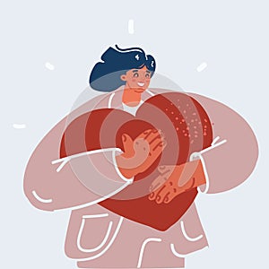 Vector illustration of woman hokd big heart symbol in her hand. Symbol of love, care, generosity, give hope