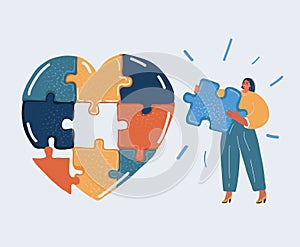 Vector illustration of woman hold peace of puzzle, jigsaw elements form a whole heart. Harmony in love or heartcare