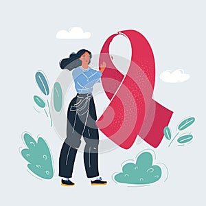 Vector illustration of woman hold ribbon. Cancer symbol.