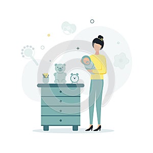 A vector illustration of a woman holding a baby in her arms, standing near a dresser on which a flower pot with a houseplant, a