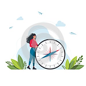 Vector illustration of woman is holding a big compass in her hands. Cartography Orienteering, Navigation Equipment