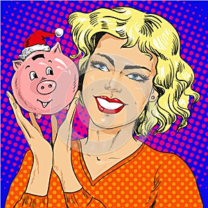 Vector Illustration of woman holding piggy bank, pop art style
