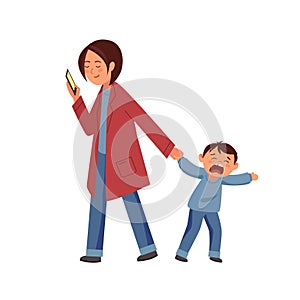 Vector illustration. Woman holding a smartphone in one hand, the other holding the child`s hand. The child is crying and cranky.