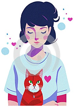Vector illustration, woman hugging her cute cat