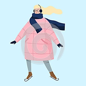 Vector illustration of woman ice skating in warm winter clothes.