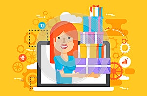 Vector illustration woman in laptop notebook with lot of shopping packing boxes of gifts in flat style