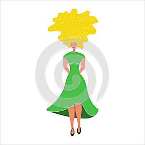 Vector illustration of a woman in a long green dress in shoes with blond long curly hair.