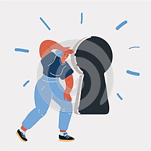 Vector illustration of woman looking through big keyhole. Symbol of innovation, opportunity, success