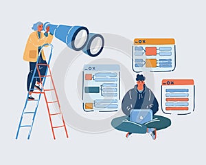 Vector illustration of woman with magnifying glass looking ideas or good employees