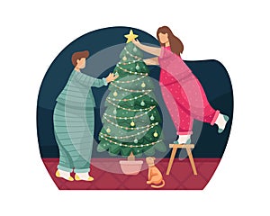 Vector illustration of a woman and a man decorating a Christmas tree with Christmas balls