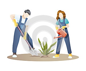 Vector illustration Woman and man gardening together